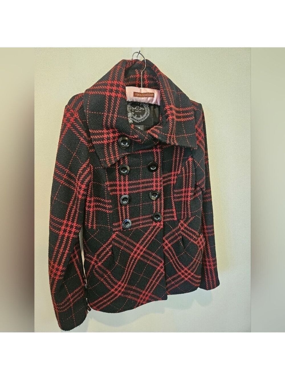 NICK & MO BOUTIQUE WOMEN'S BLACK & RED PEA COAT LARGE CHIC COLLAR SIZE MEDIUM